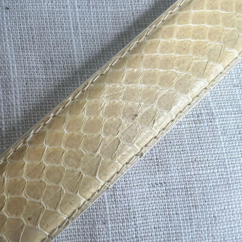 Vintage 80s Beige Snakeskin Leather Belt Size Medium Gold Buckle Classic